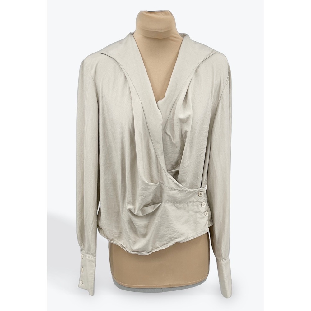Neiman Marcus Exclusive Silk‎ Blouse Wrap Front Collared Long Sleeve Top